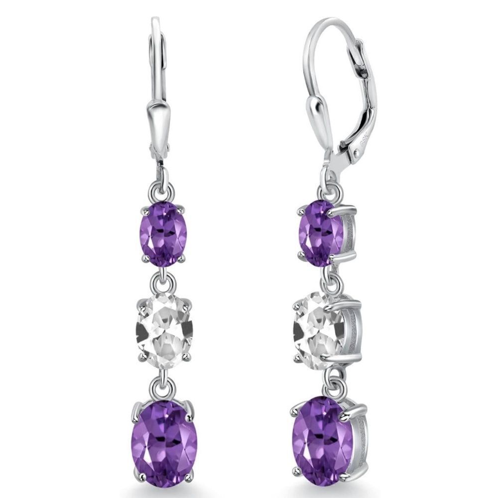 925 Sterling Silver with 5.20 Cttw 3 Stone Amethyst and White Sapphire Earrings